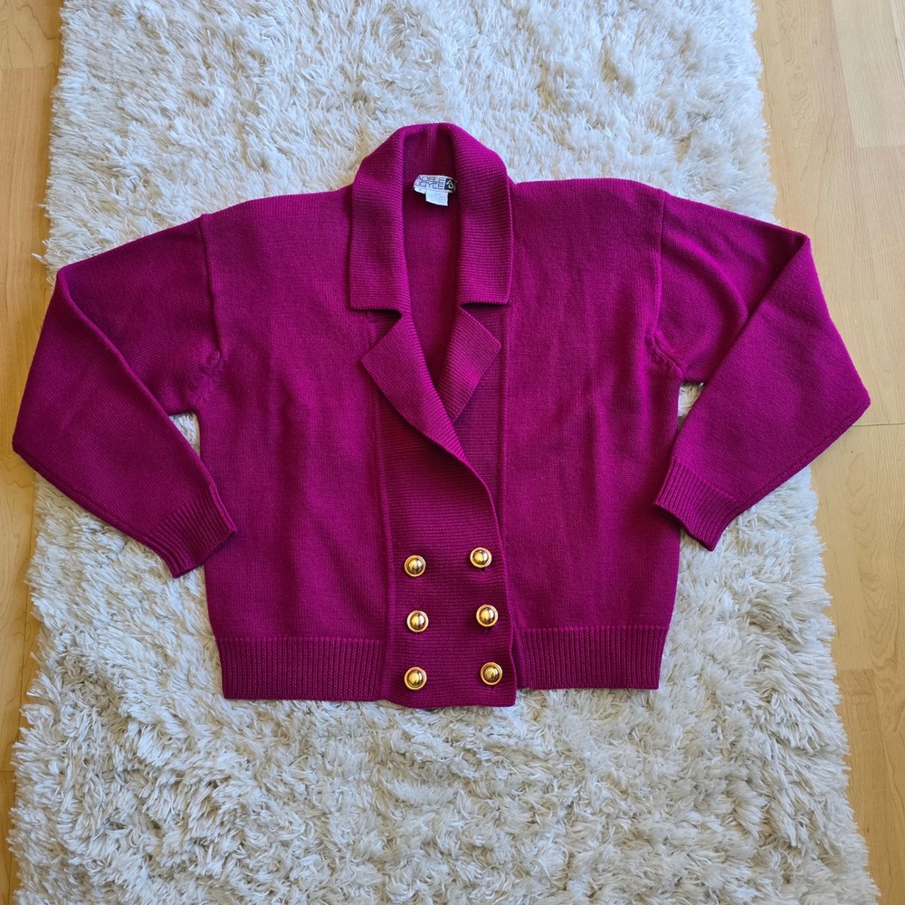 Adele Joyce Vtg Pink Merino Wool Double Breasted Cardigan Sweater Gold‎ Button